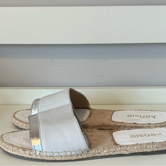 KENZIE Espadrille Flat Slide. Grayish Taupe Leather w/a Silver Accent. Size 11 - Picture 4 of 7